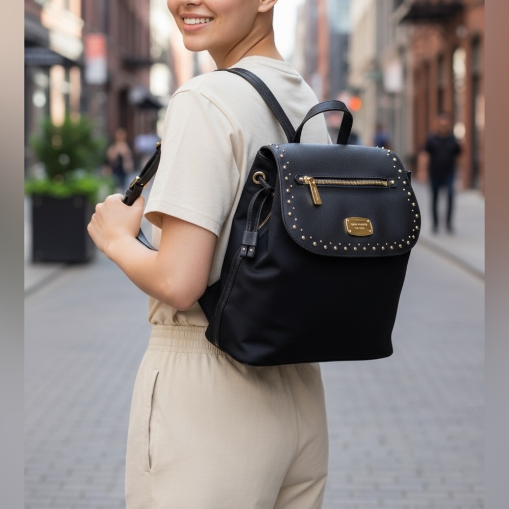 Michael Kors Black Backpack with Gold Details